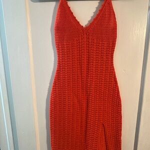 Winfred Red Crochet Midi Dress • Side Slit • Size XS/Small